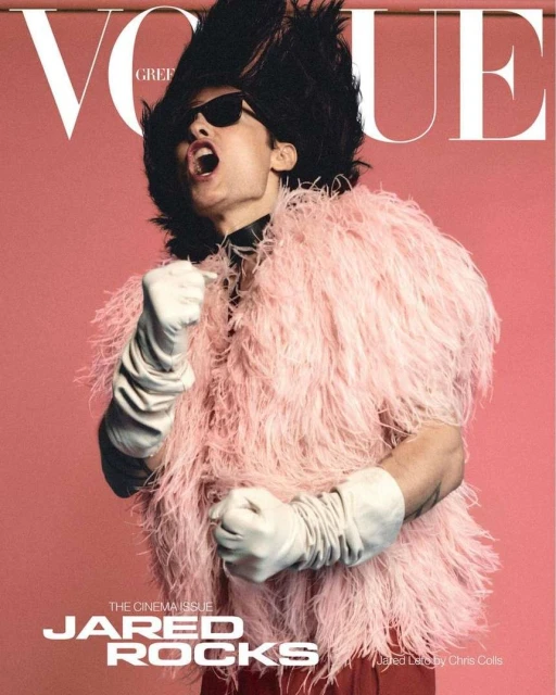 Magazine cover featuring a person in a pink feather coat, sunglasses, and gloves, with the 'Vogue' logo visible in the upper left.