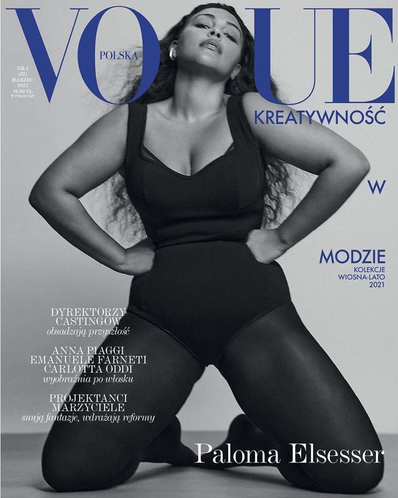 Vogue Polska cover features Paloma Elsesser in a black bodysuit and sheer tights, posing against a gray backdrop with magazine text.