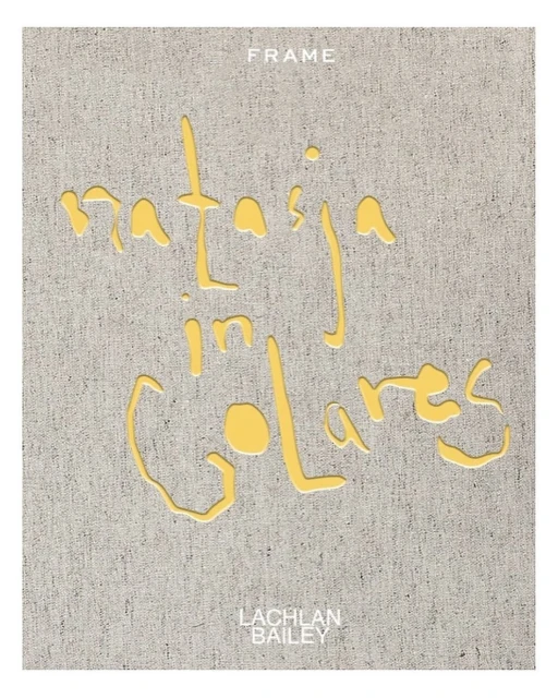 Book cover with yellow stylized text on a textured grey background; FRAME, Natasja in Colares, and Lachlan Bailey are the legible text.