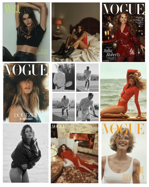 Magazine covers featuring diverse fashion editorials: models, portraits, and outdoor scenes in a collage layout showcasing Vogue and WSJ.
