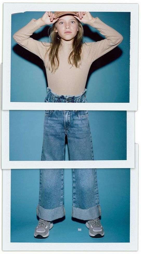 Young girl in blue jeans and beige top, posing indoors with a cap, standing in front of a blue background in a triple-frame image.