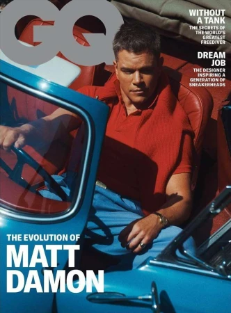 GQ magazine cover featuring Matt Damon in a blue classic car, wearing a red polo shirt and light blue pants. 