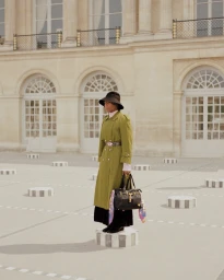 A person wearing an olive green trench coat, black hat, and holding a black handbag standing outdoors on a paved plaza.