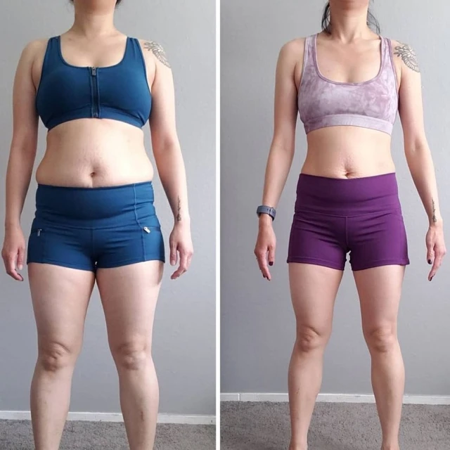 Before and after weight loss photo: adult woman in sportswear. Health and fitness progress with visible results, against a grey background.