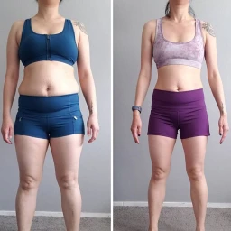 Before and after fitness transformation comparison showing a woman posing in athletic wear against a grey wall.