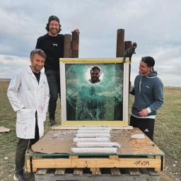 Four men posing around a wooden crate with a smashed window frame outdoors in a grassy field, created by How Ridiculous.