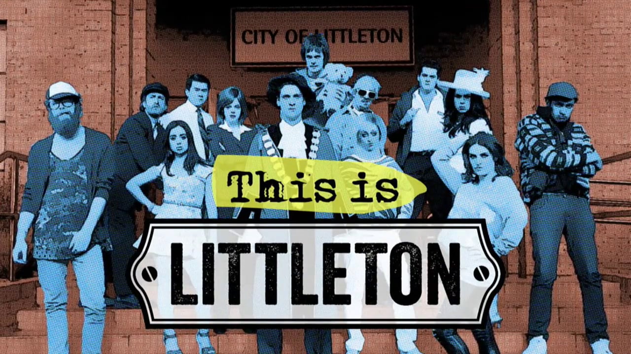 Group portrait of people standing on steps under a sign that reads "City of Littleton", stylized with cartoon effects and bold text.