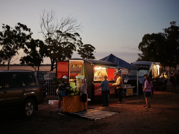 Outdoor twilight food market with food trucks, customers, and dusk sky. People are gathered around the food trucks buying food.