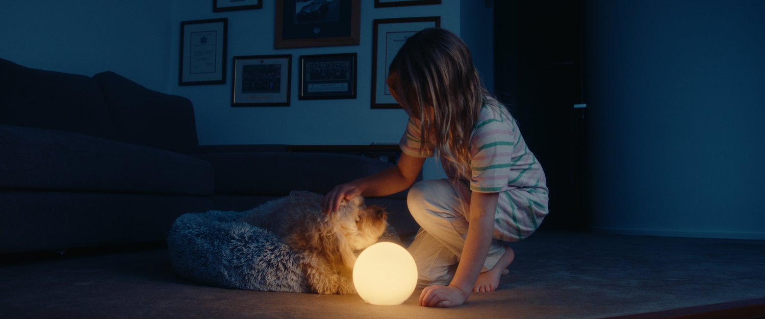 A young girl interacts with a fluffy dog resting in a dog bed, illuminated by a glowing orb lamp in a dimly lit room at nighttime.