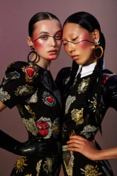 Two female models with dramatic pink blush and thin face strings posing together in patterned black dresses.
