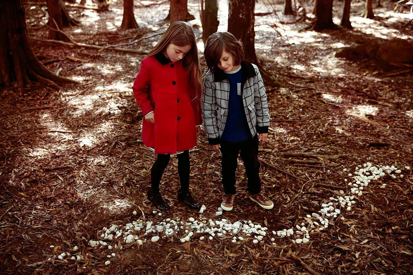 Two children standing on a forest floor looking down at a winding trail of white stones styled by Meggy Smith.