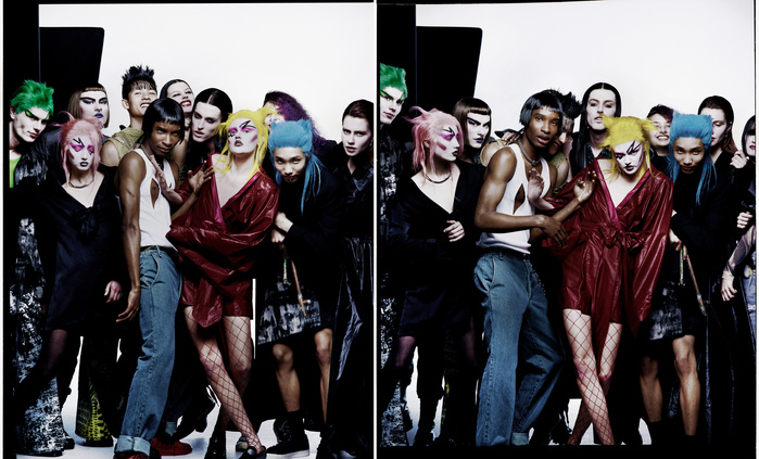 Diverse group of alternative fashion models with colorful hair, makeup, and clothing in a studio setting for a high fashion editorial.