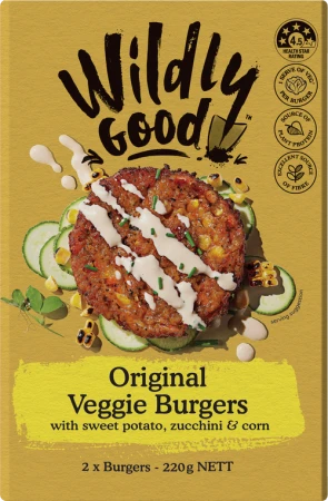 A vibrant and appetizing display of Wildly Good Original Veggie Burgers packaging, showcasing a burger with zucchini and corn.