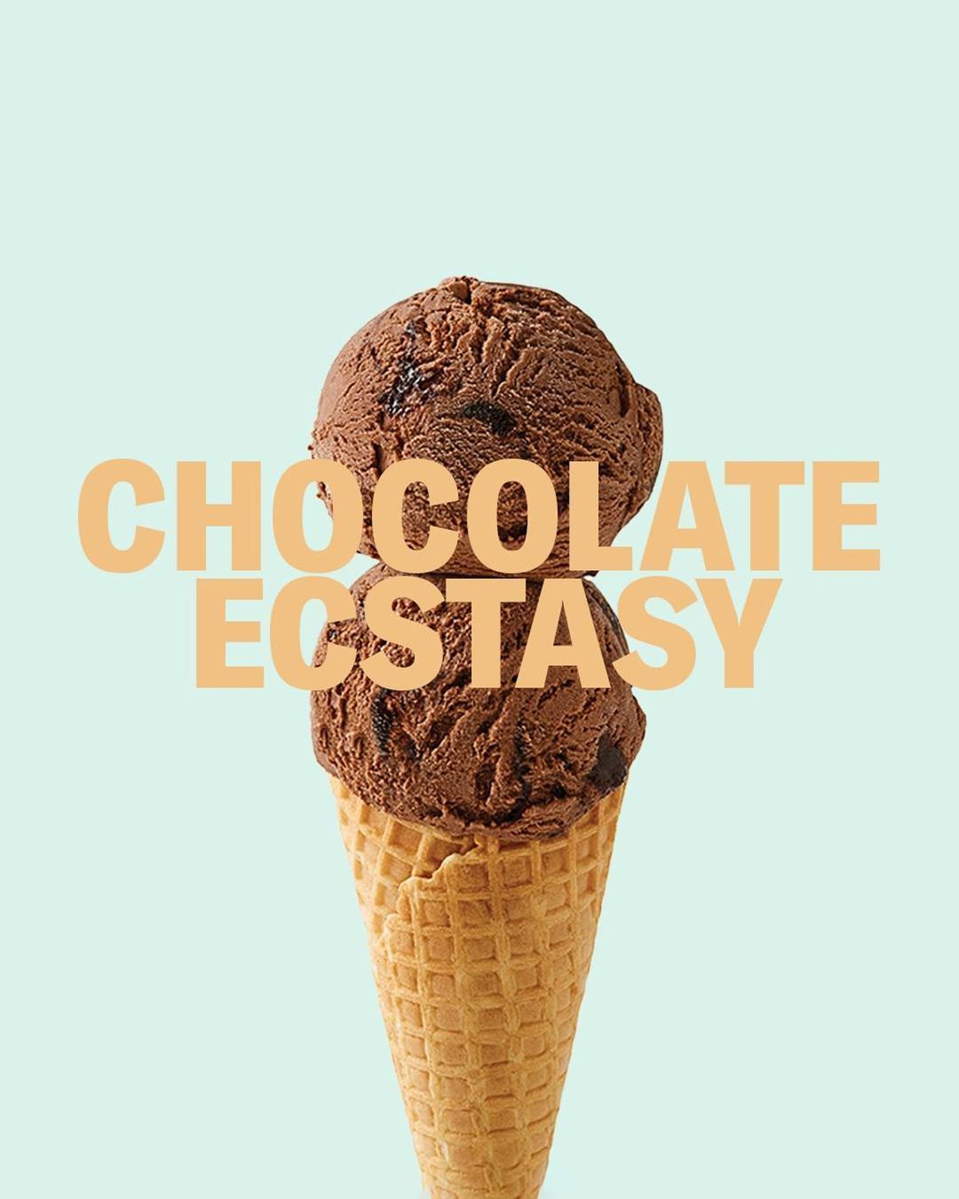 Eye-level shot of chocolate ice cream cone against a light blue background, with 'Chocolate Ecstasy' text overlay in peach color.