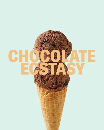 Eye-level shot of chocolate ice cream cone against a light blue background, with 'Chocolate Ecstasy' text overlay in peach color.