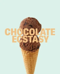 Two scoops of chocolate ice cream on a waffle cone against a solid light blue background with bold orange text