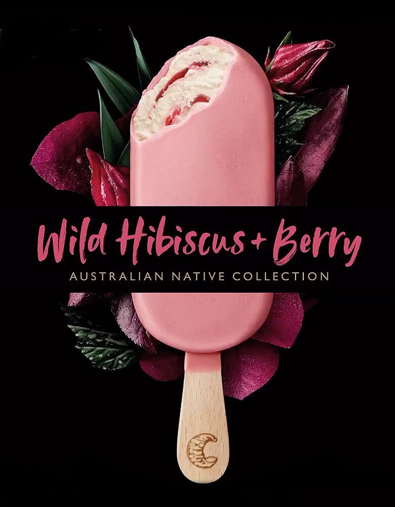 Close-up of a bitten pink popsicle on a wooden stick, surrounded by dark green leaves and magenta hibiscus leaves against a black background.