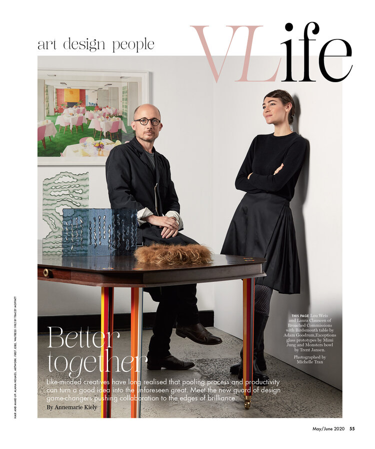 Magazine cover featuring a stylish man and woman beside a table with objects, a painting, and bold text 'VLife' and 'Better Together'.