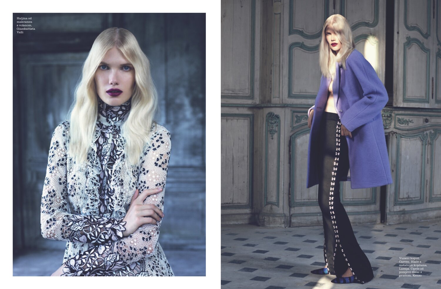 Editorial fashion shot of a blonde woman in a black and white lace dress, with a second image of her in a purple coat and black pants.