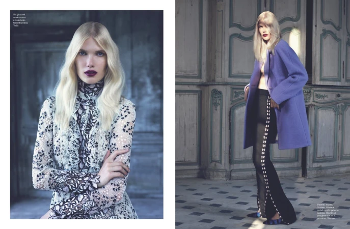 Editorial fashion shot of a blonde woman in a black and white lace dress, with a second image of her in a purple coat and black pants.