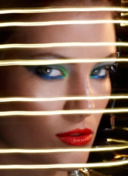 Close-up portrait of a woman with vibrant blue eyeshadow and red lipstick viewed through horizontal light streaks