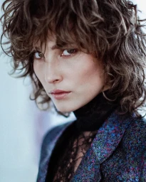 Close-up portrait of a woman with curly brown hair wearing a patterned blue blazer and black lace top