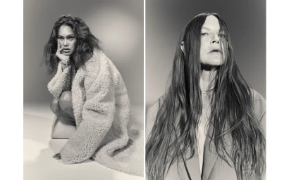 Monochrome diptych of two women in textured coats against a neutral studio background by Stephanie Cammarano in Melbourne.
