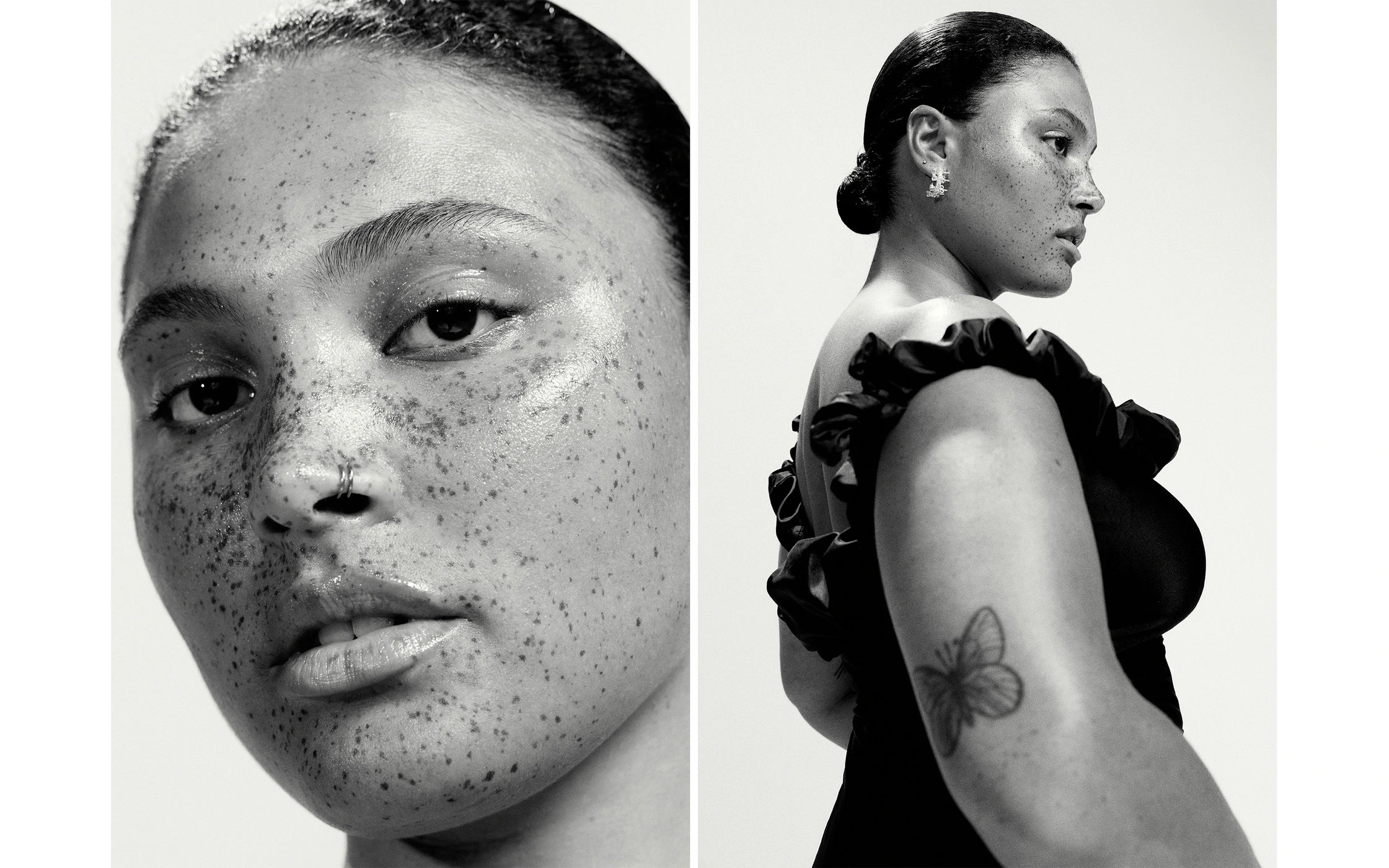 Black and white portrait diptych featuring a woman with prominent freckles and a butterfly tattoo on her arm by Stephanie Cammarano