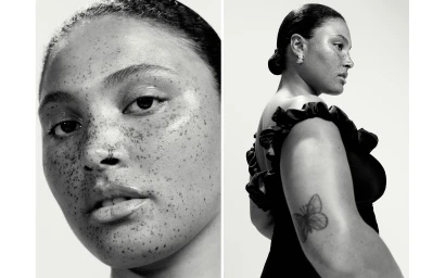 Black and white portrait diptych featuring a woman with prominent freckles and a butterfly tattoo on her arm by Stephanie Cammarano