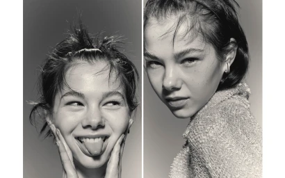 Monochrome diptych of a young woman in Melbourne by Stephanie Cammarano, with playful expression on the left and serious portrait on the right.