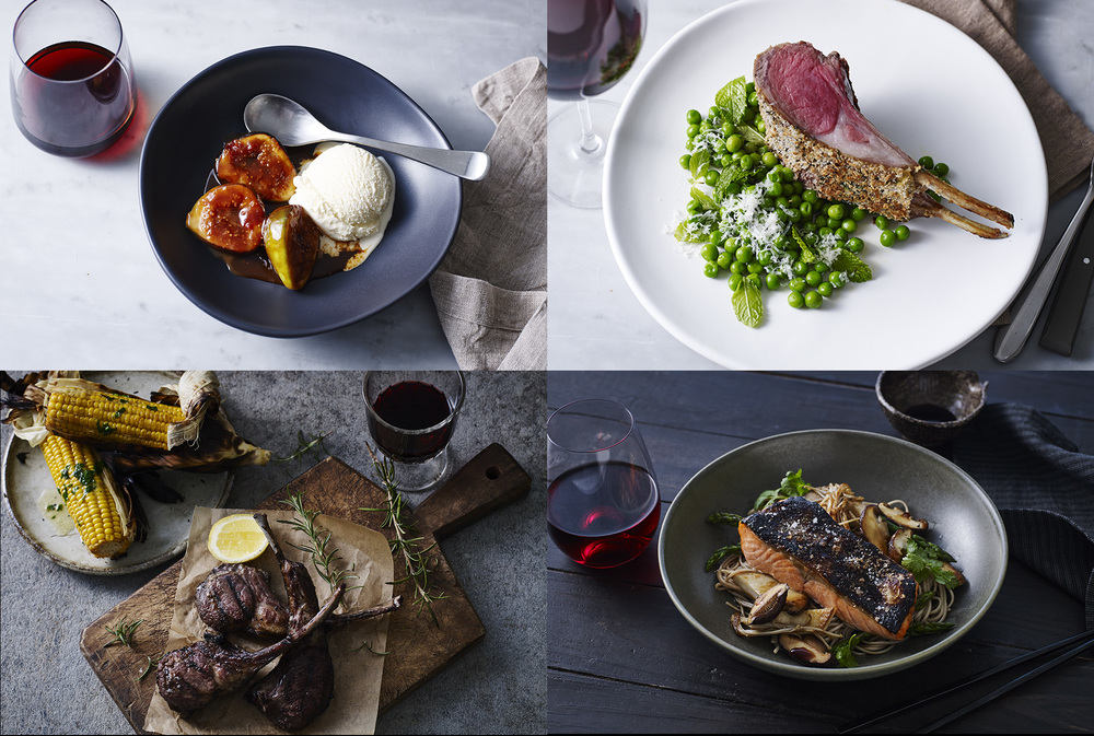Four culinary compositions featuring glazed figs with ice cream, rack of lamb with peas, grilled corn with lamb chops, and salmon with noodles.