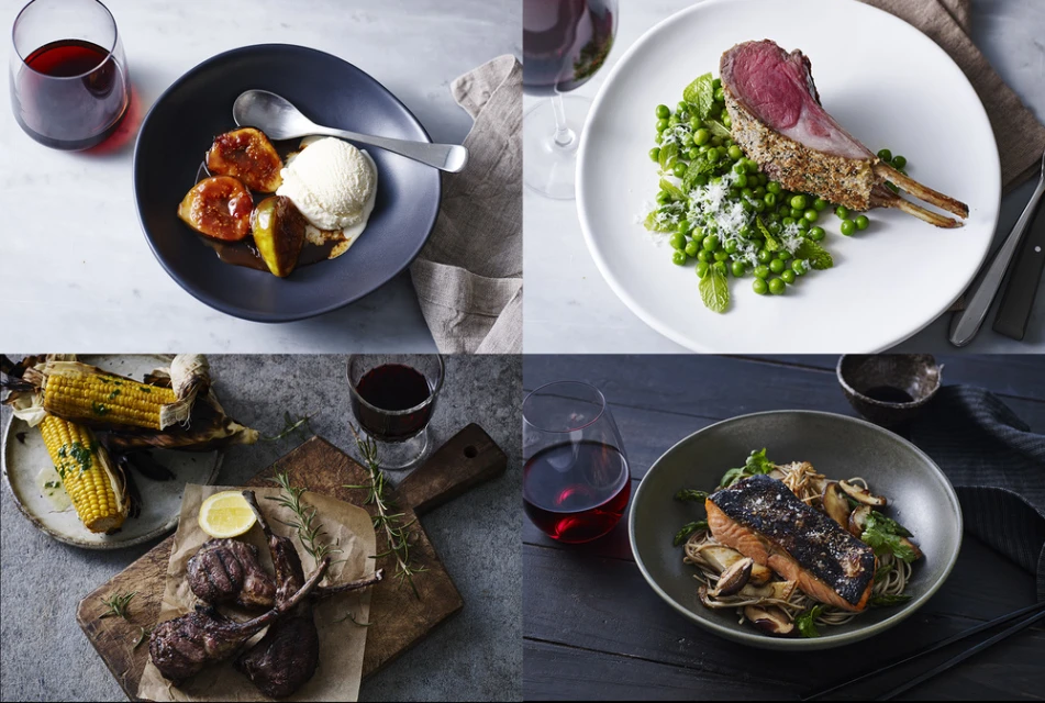 Four culinary compositions featuring glazed figs with ice cream, rack of lamb with peas, grilled corn with lamb chops, and salmon with noodles.