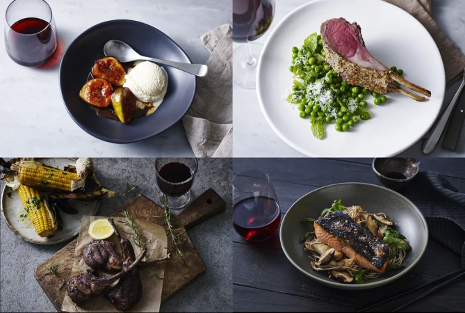 Four culinary compositions featuring glazed figs with ice cream, rack of lamb with peas, grilled corn with lamb chops, and salmon with noodles.