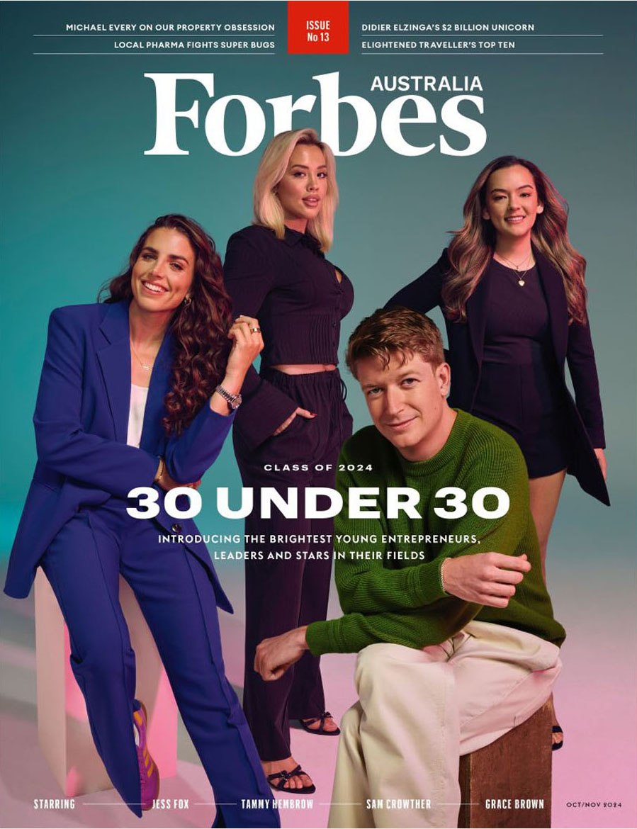 Forbes Australia magazine cover featuring four women and one man, '30 Under 30' entrepreneurs, leaders, and stars in their fields.