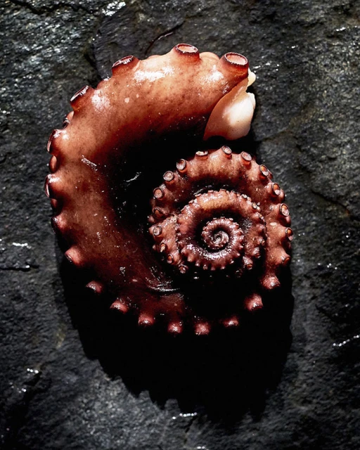 Overhead shot of a curled octopus tentacle on a dark stone surface, showcasing its spiral form and textured skin, lit for dramatic effect.