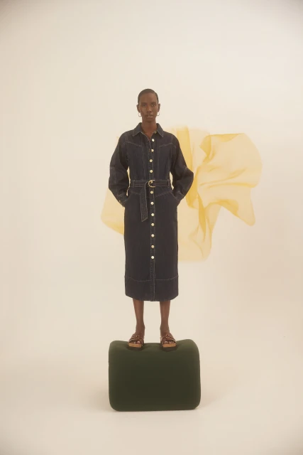 A slender Black woman stands on a moss green cushion in a long-sleeved, buttoned denim dress with a yellow sheer fabric behind.