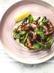Grilled octopus tentacles on cream sauce with lemon wedge and fresh herbs in pink ceramic bowl