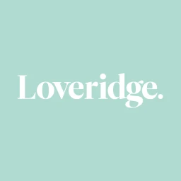 White serif brand typography reading Loveridge centered against a solid mint green background.