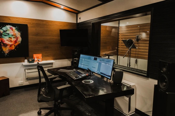 Interior view of a professional music recording studio with audio monitors, sound mixing equipment, microphone in sound booth, and artwork.