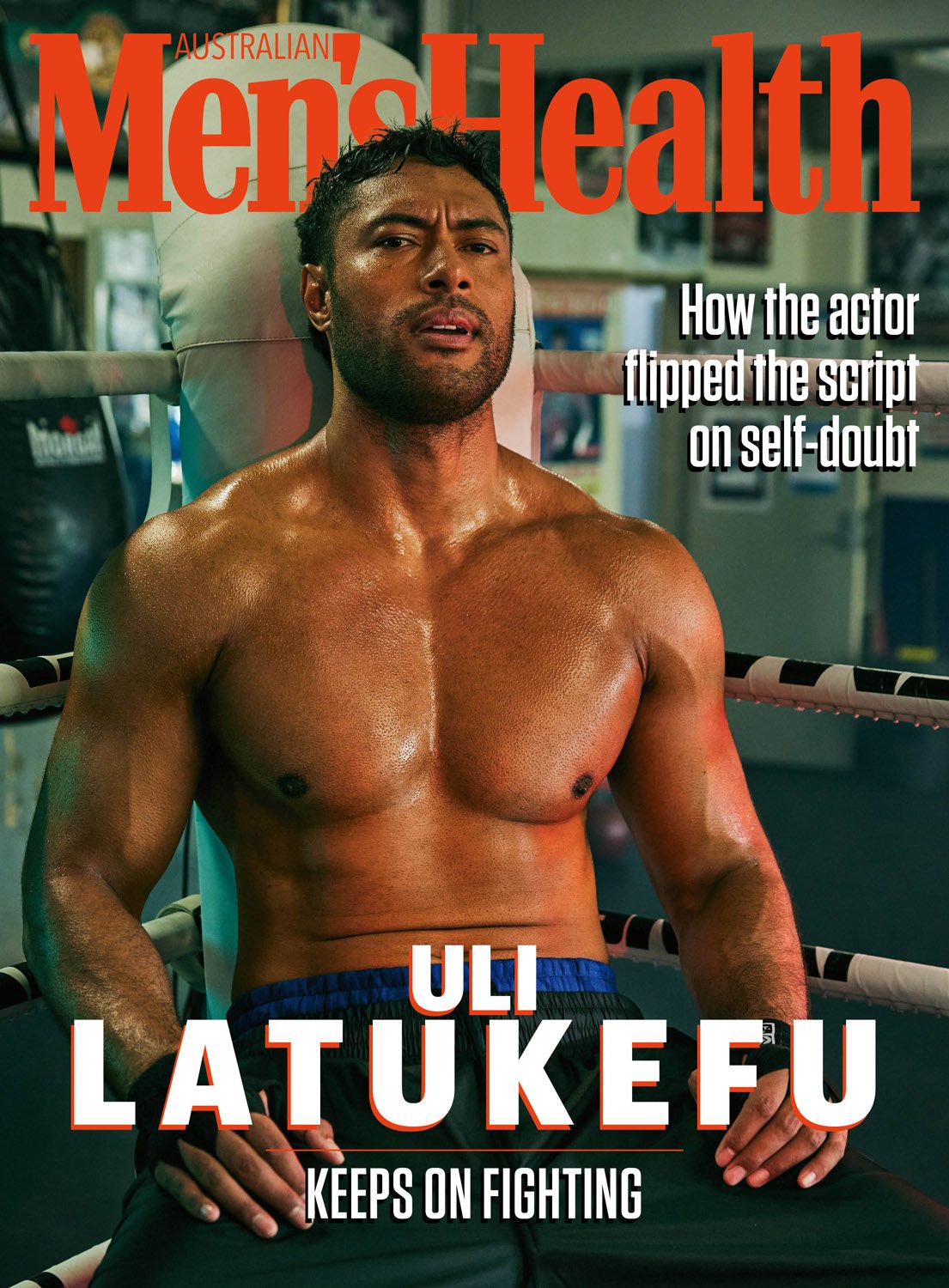 Australian Men's Health magazine cover featuring Uli Latukefu, a muscular man sitting in a boxing ring with text overlay and logo.
