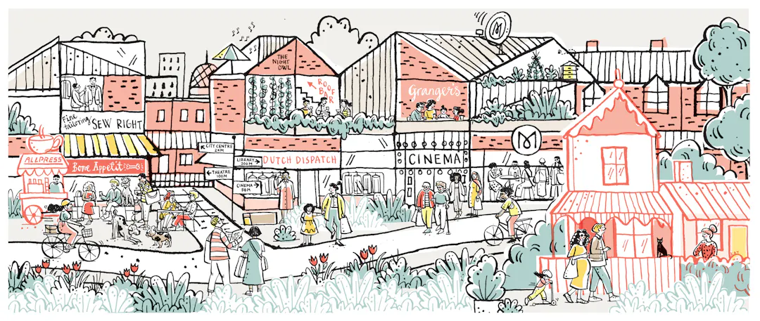 Illustration of a bustling cityscape with people walking, cycling, and shopping in front of shops, restaurants, and a cinema.