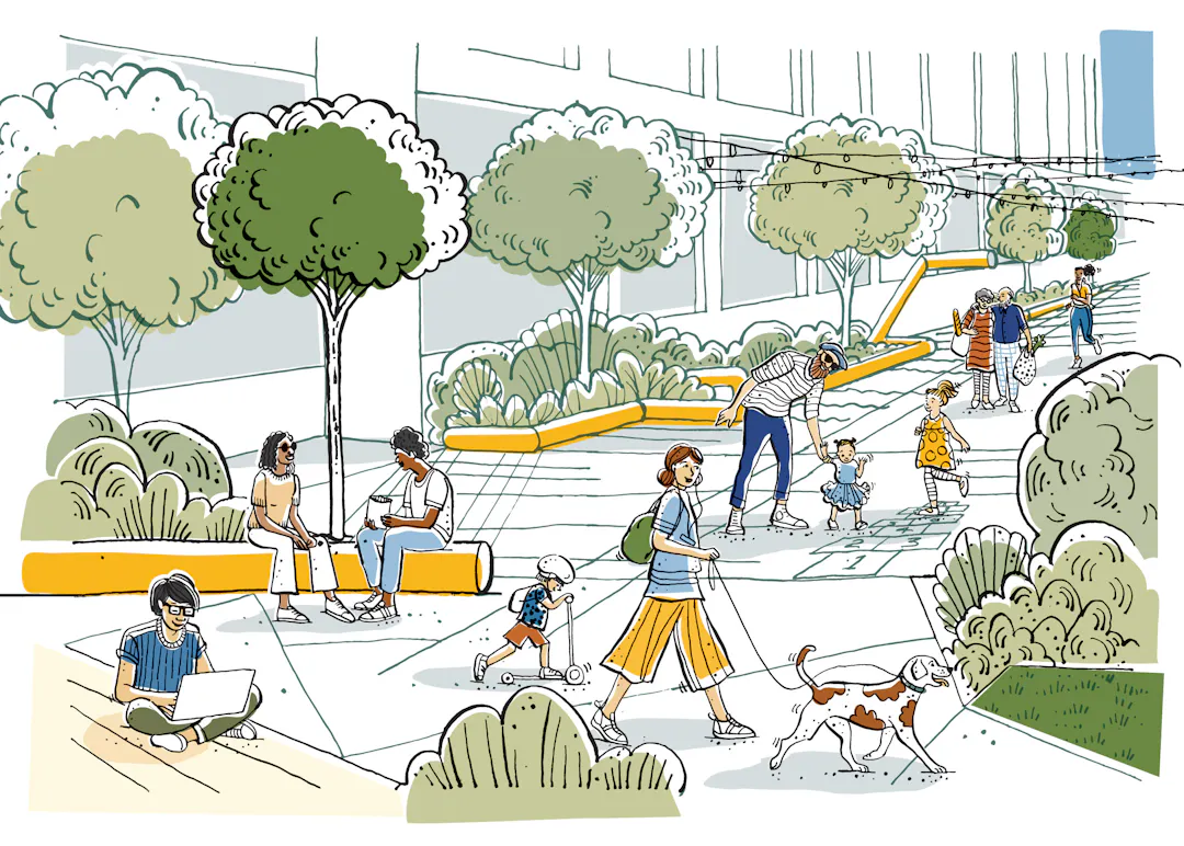 Illustration of a vibrant urban park scene with diverse people, lush greenery, benches, string lights, and hopscotch, creating a lively atmosphere.