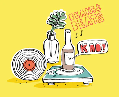 Whimsical digital illustration featuring a bottle character on a turntable, a vinyl record, a glass vase, and 'Beans & Beats' text.