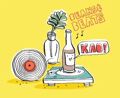 Whimsical digital illustration featuring a bottle character on a turntable, a vinyl record, a glass vase, and 'Beans & Beats' text.