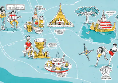 Illustrated map of Myanmar featuring landmarks like Shwedagon Pagoda, food bowls, beer bottles, and musicians, capturing the cultural essence.
