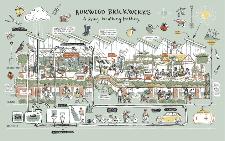 Detailed architectural illustration of Burwood Brickworks: a multi-level building with a greenhouse, solar panels, and garden on the roof.