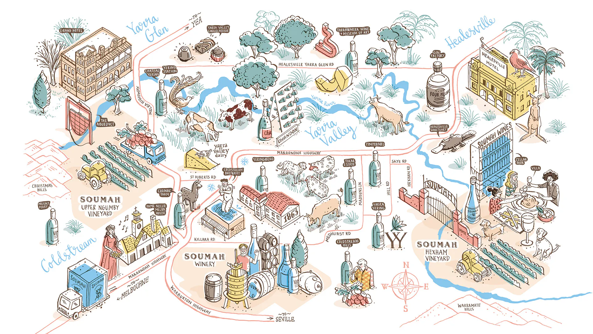 Illustrated map of Yarra Valley, Australia, showcasing wineries, vineyards, and local attractions in a whimsical and informative style.
