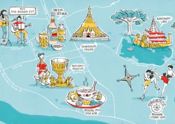 Illustrated city map of Yangon by Kat Chadwick featuring landmarks, local food, and cultural scenes on a blue background