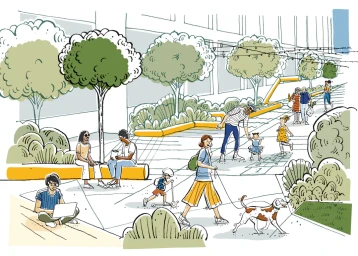 Illustrated outdoor urban plaza scene with multiple people walking, children playing, and a dog on a leash.