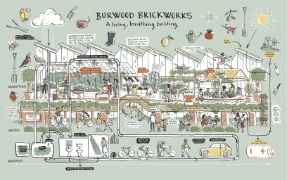 Illustrated architectural cross-section diagram of Burwood Brickworks showing sustainable features by Kat Chadwick.